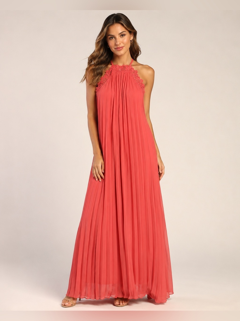 Lulus Coral Lace Halter Pleated Maxi Dress XS